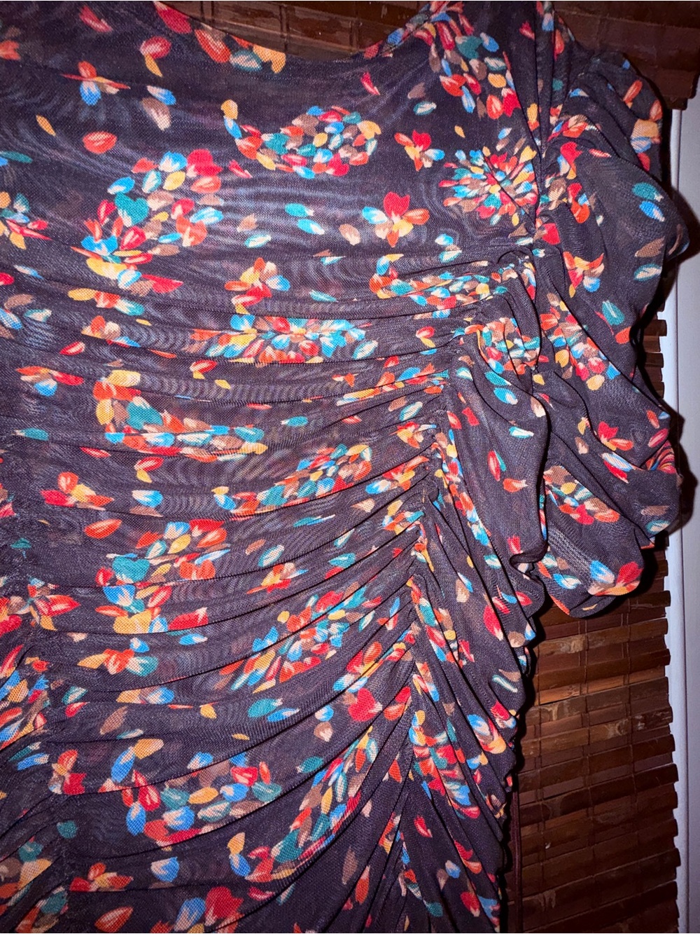 Free People Briella Ruched Mesh Midi Dress -"Twilight Combo" print, euc, sz M - Picture 13 of 16